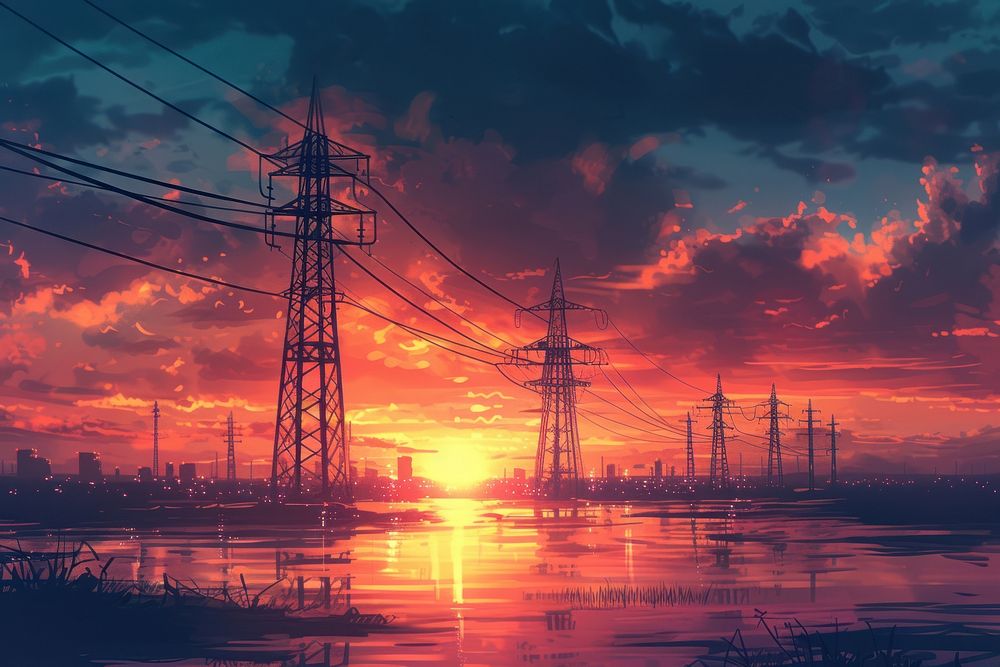 High voltage electric pylons at sunset architecture landscape outdoors.