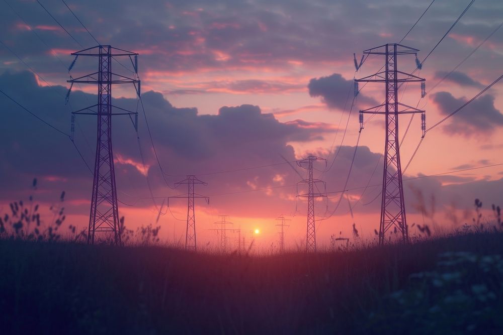 High voltage electric pylons at sunset outdoors nature cable.