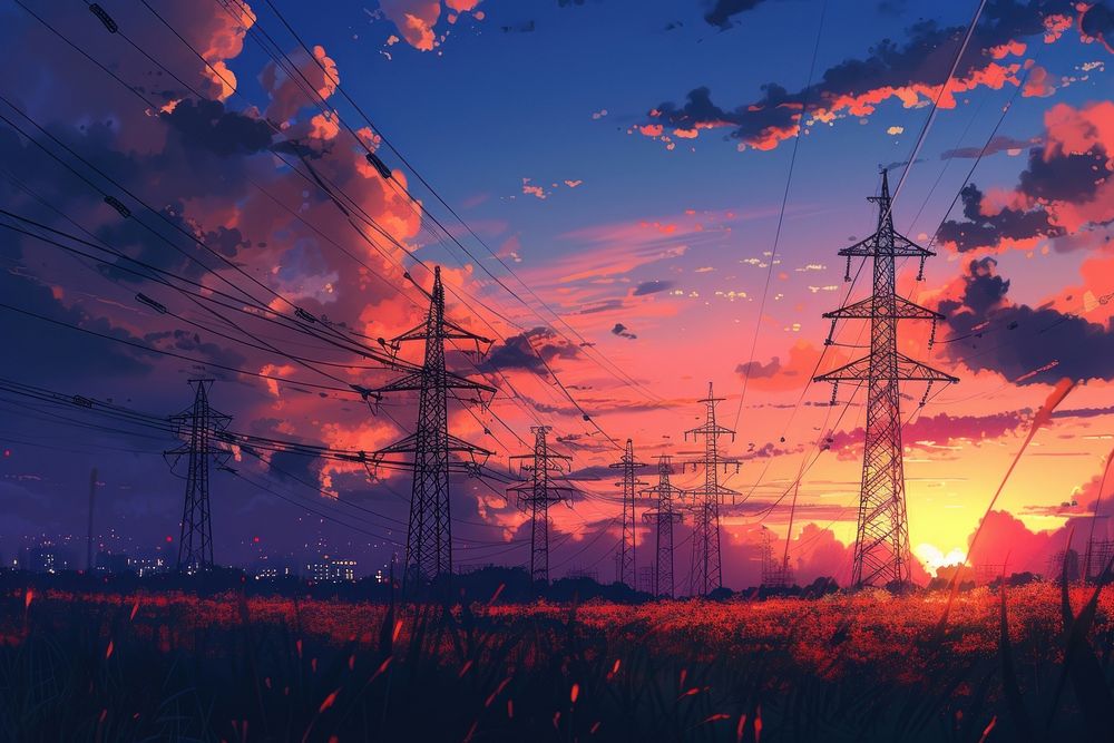 High voltage electric pylons at sunset outdoors cable sky.