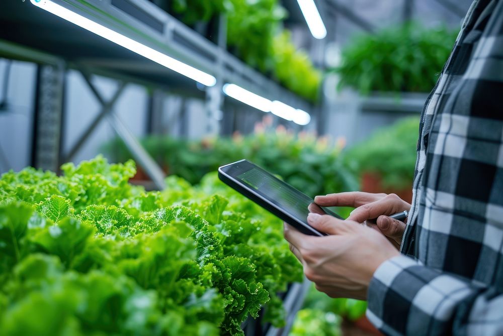 Human using a tablet at a agriculture factory outdoors garden plant.