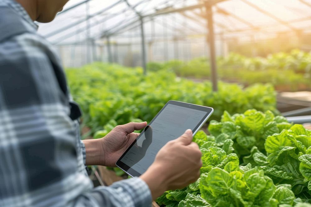 Human using a tablet at a indoor agriculture factory vegetable plant adult.
