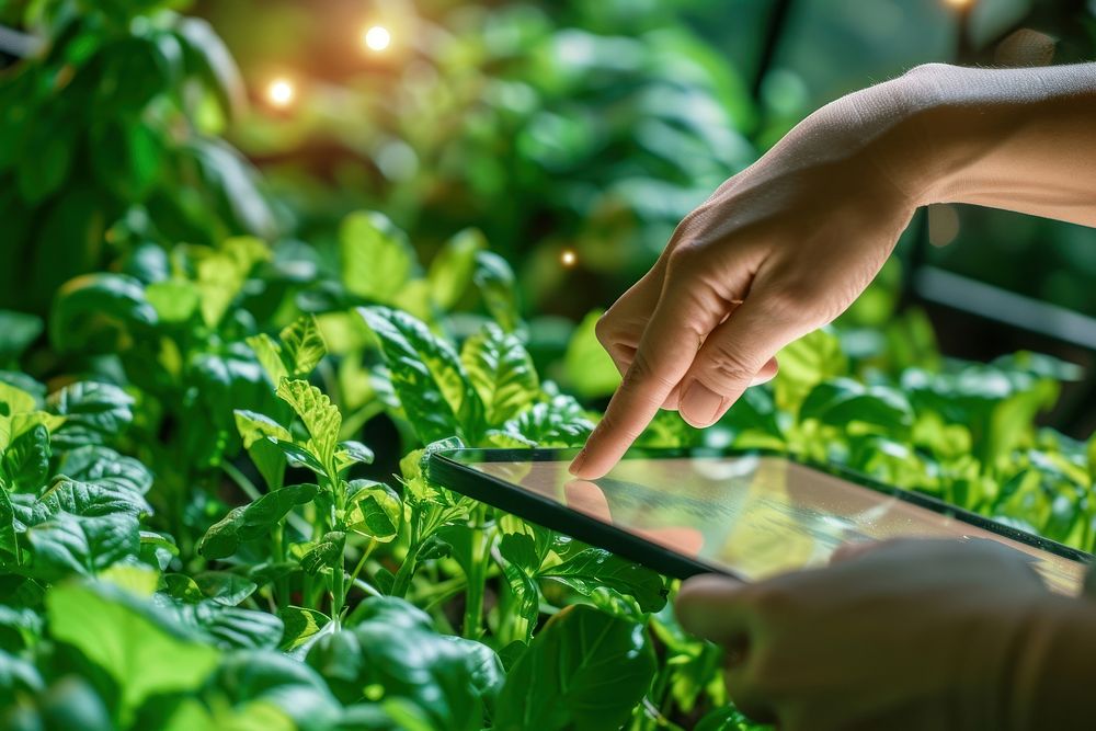 Human using a tablet at a indoor agriculture factory vegetable outdoors nature.