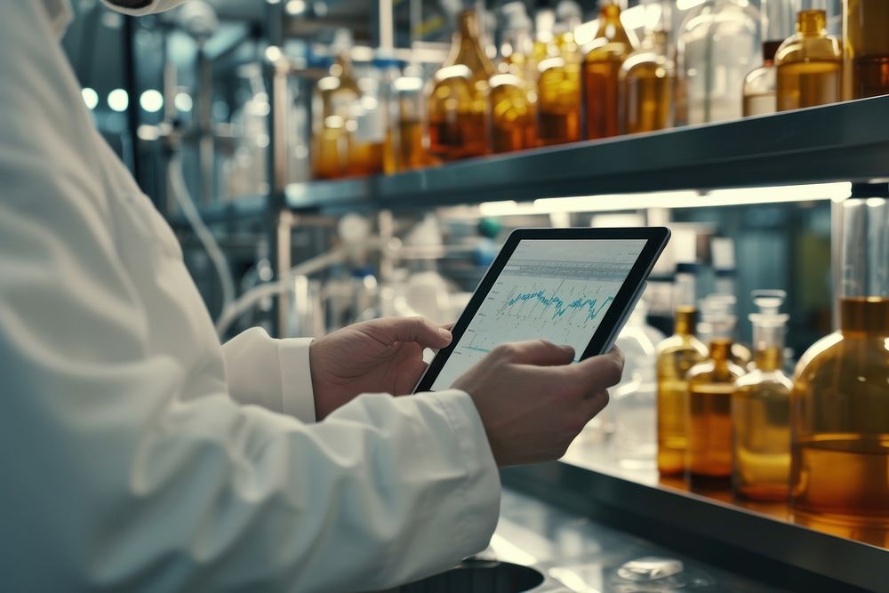 Human using a tablet at a lab factory laboratory computer bottle.