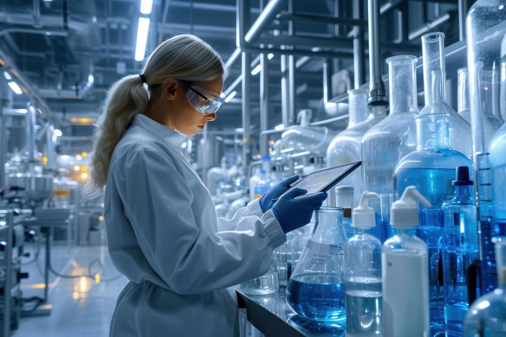 Human using a tablet at a lab factory laboratory scientist adult.