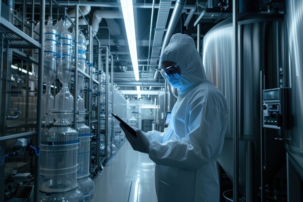 Human using a tablet at a lab factory laboratory adult biochemistry.