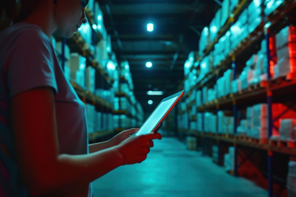 Human using a tablet at a logistic factory warehouse reading architecture.
