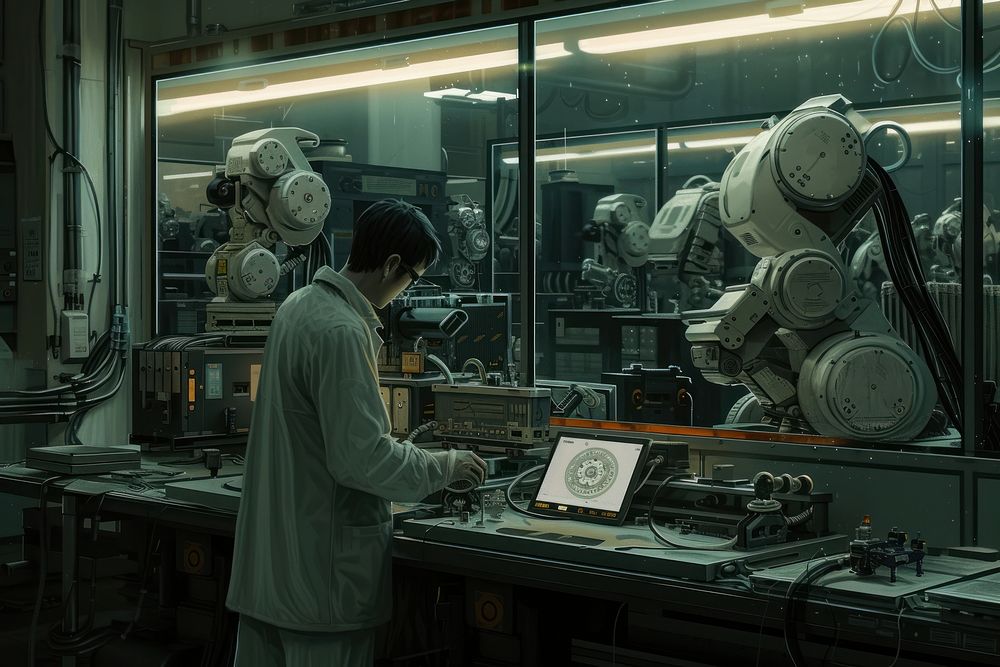 Human using a tablet at a robotic arms manufacture factory architecture adult manufacturing.