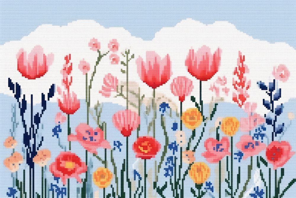 Cross stitch flowers backgrounds embroidery outdoors.