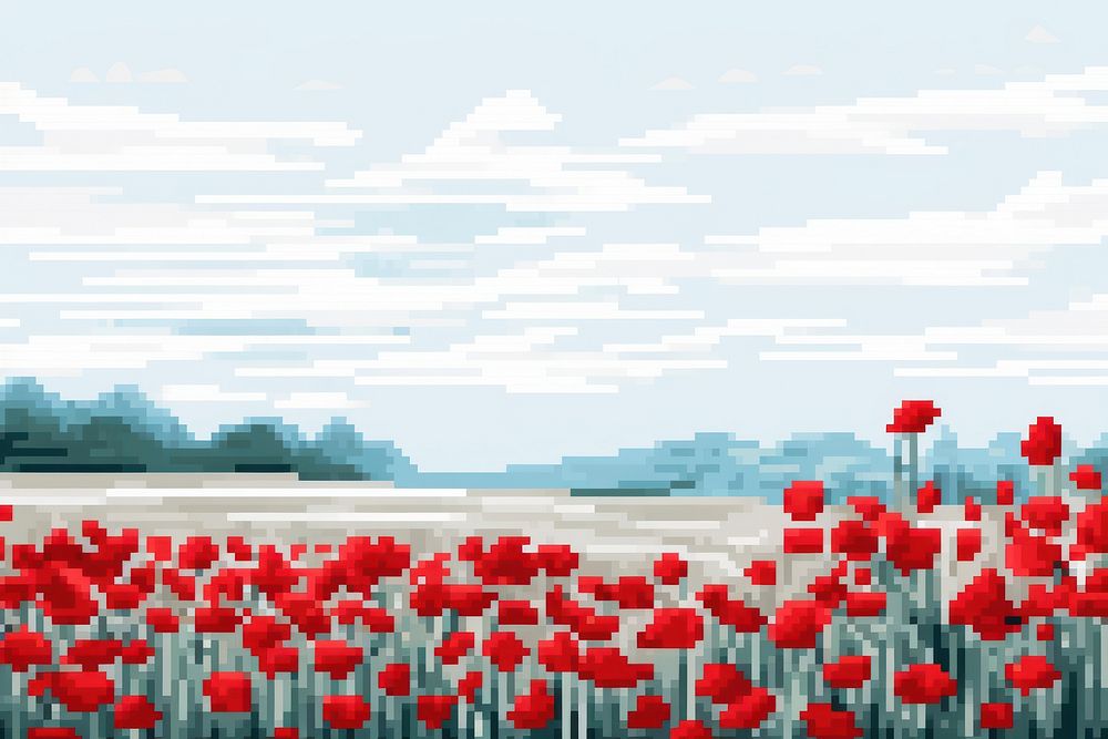 Cross stitch red flowers field landscape outdoors blossom.
