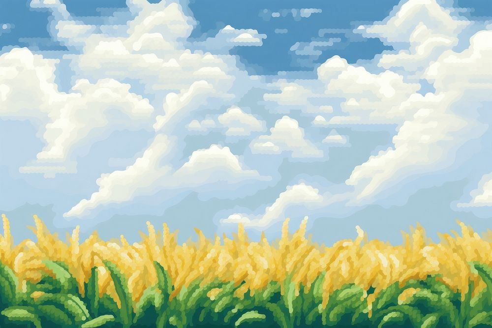 Cross stitch corn field sky landscape outdoors.