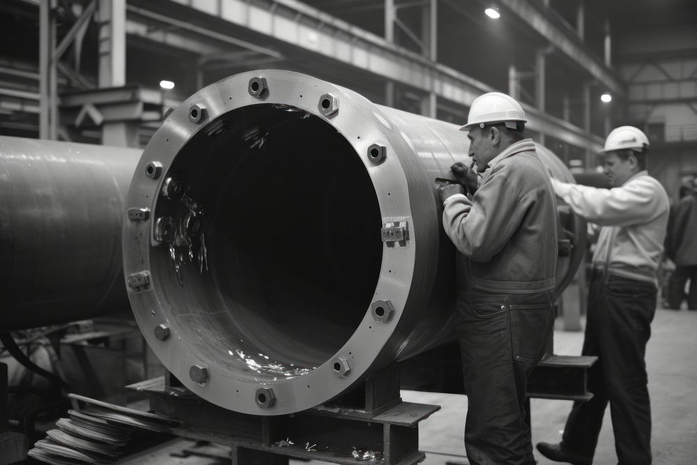 Man inspects massive pipe with other men in the factory manufacturing hardhat helmet.