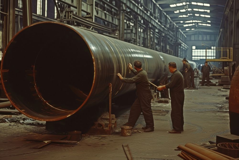 Man inspects massive pipe with other men in the factory architecture vehicle adult.