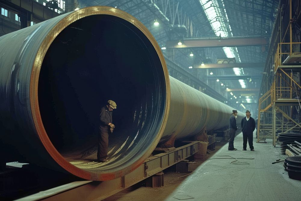 Man inspects massive pipe with other men in the factory architecture infrastructure manufacturing.