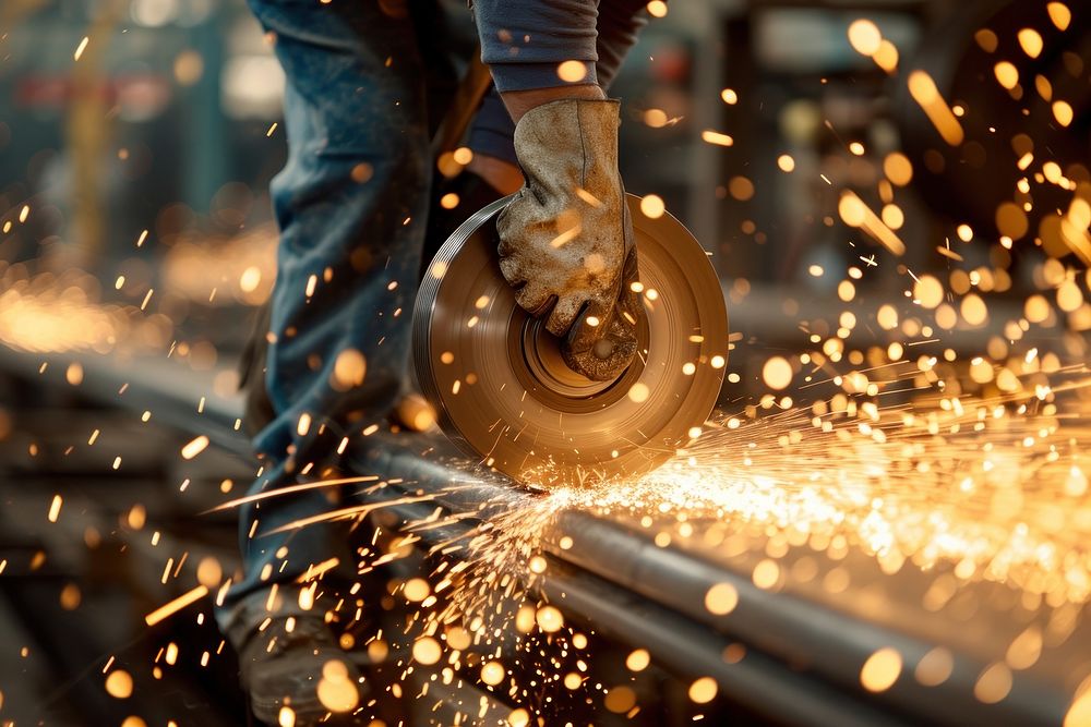 Machinist grinding sparks into metal metalworking manufacturing illuminated.