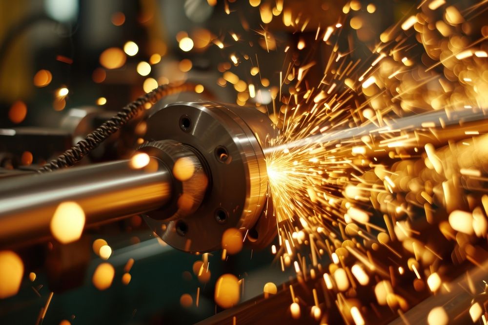 Machinist grinding sparks into metal manufacturing metalworking factory.