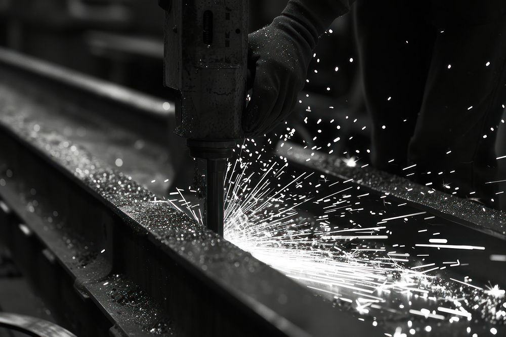 Machinist grinding sparks into metal metalworking manufacturing protection.
