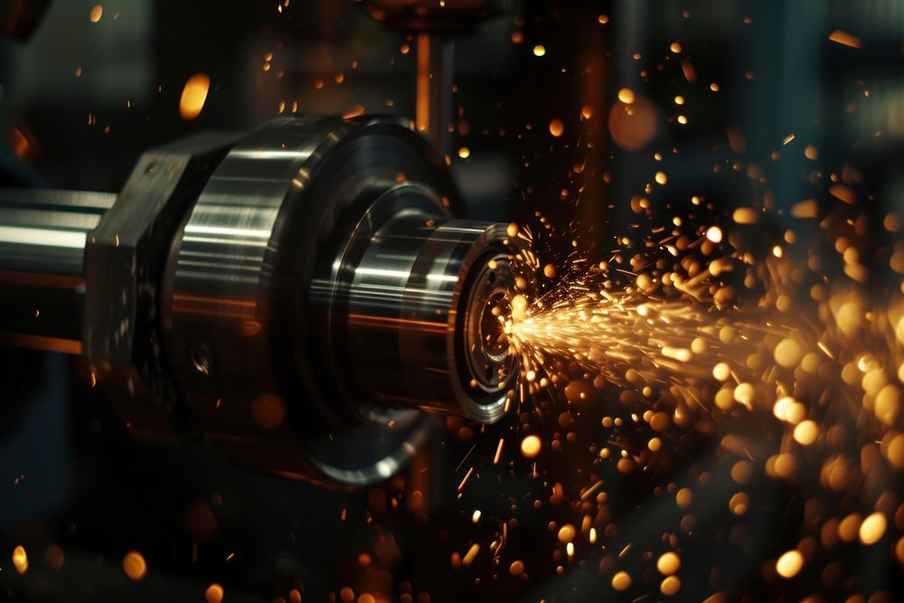 Machinist grinding sparks into metal metalworking factory manufacturing.
