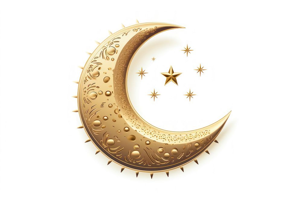 Gold moon crescent astronomy night white background.