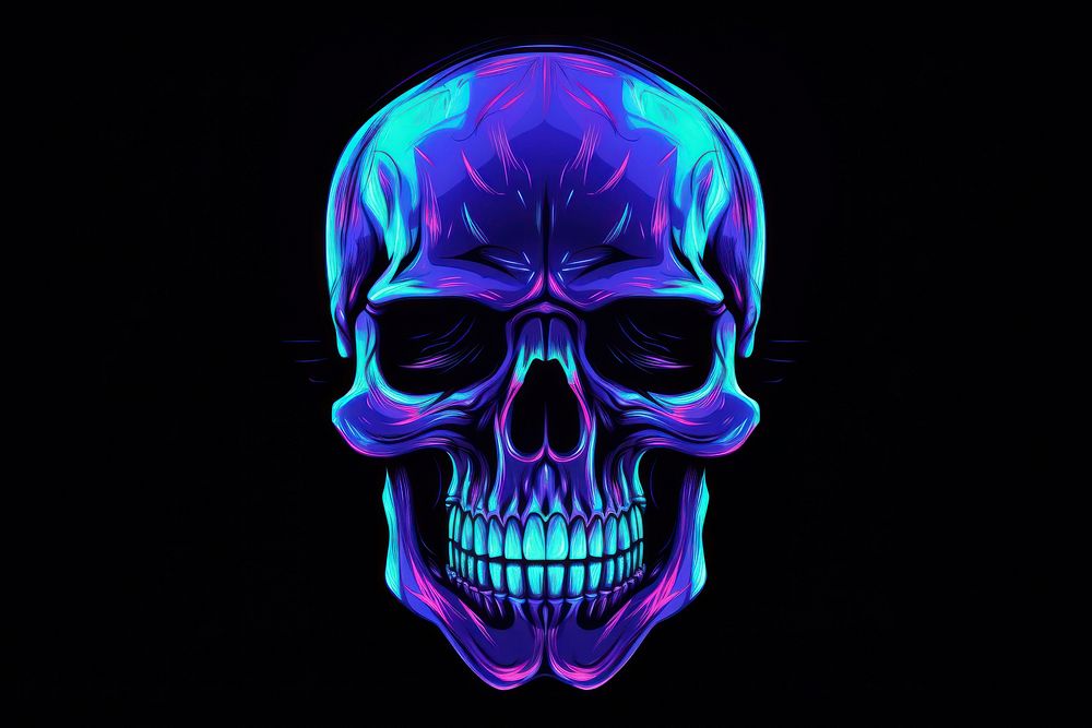 Isometric skull icon neon purple light.