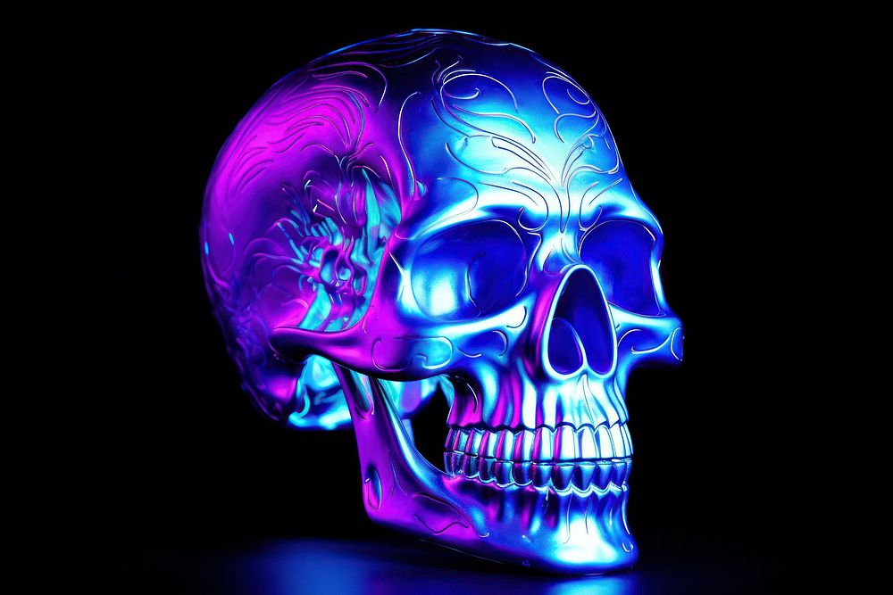 Sideview skull purple light illuminated.