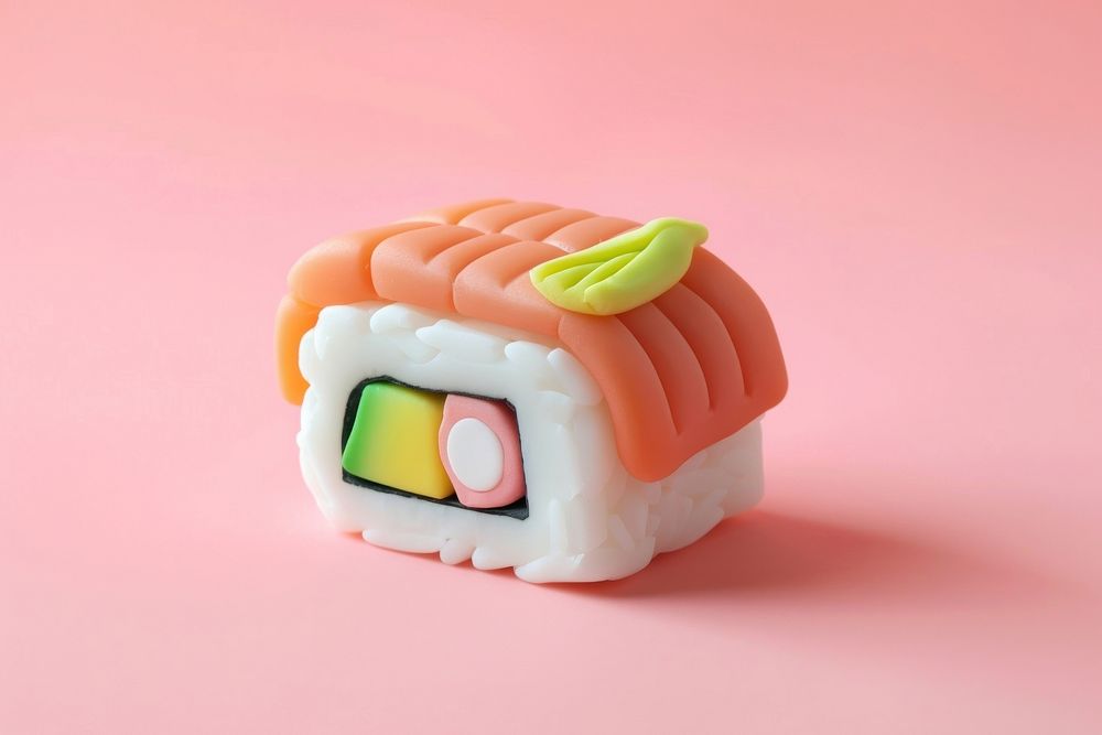 Pastel polymer clay style of a sushi food rice dessert.