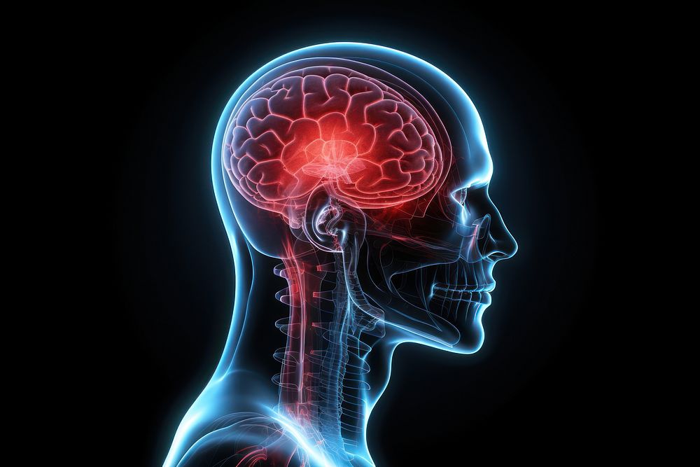 Photo of transparent human head brain black background tomography.