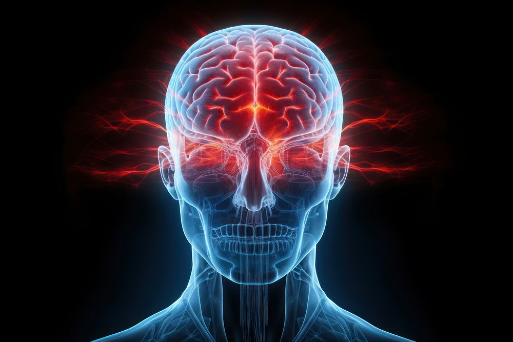 Photo of transparent human head glowing brain red.