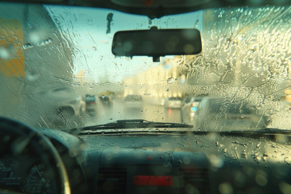 View from the inside the glass of the car during automatic car washing windshield vehicle transportation.