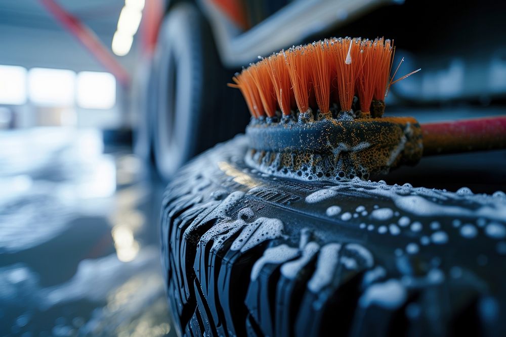 Wheel and Tire Cleaning Brush at Car Wash brush cleaning wheel.
