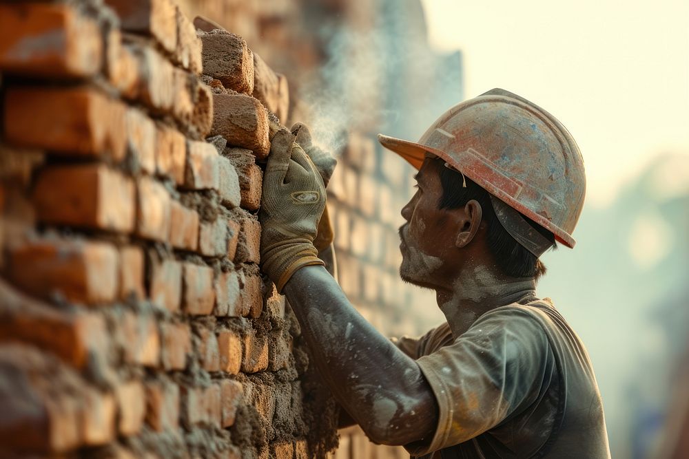 Worker build a brick wall hardhat helmet adult.
