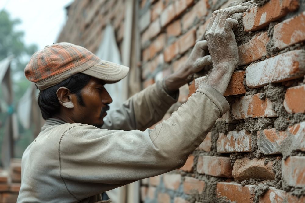 Worker build a brick wall architecture bricklayer protection.