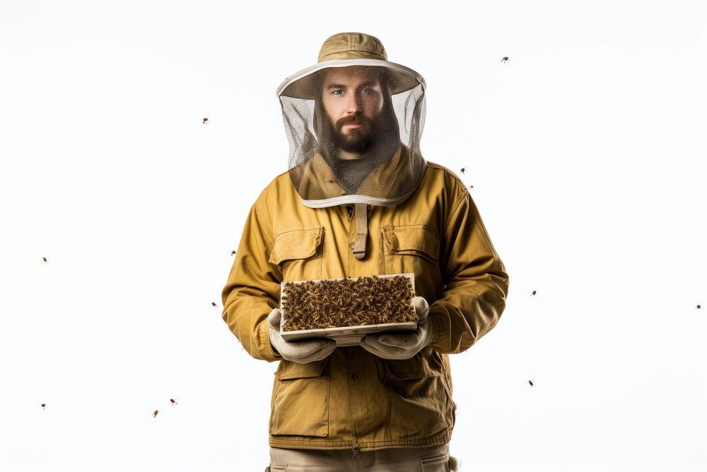 Man beekeeper insect apiary white background.