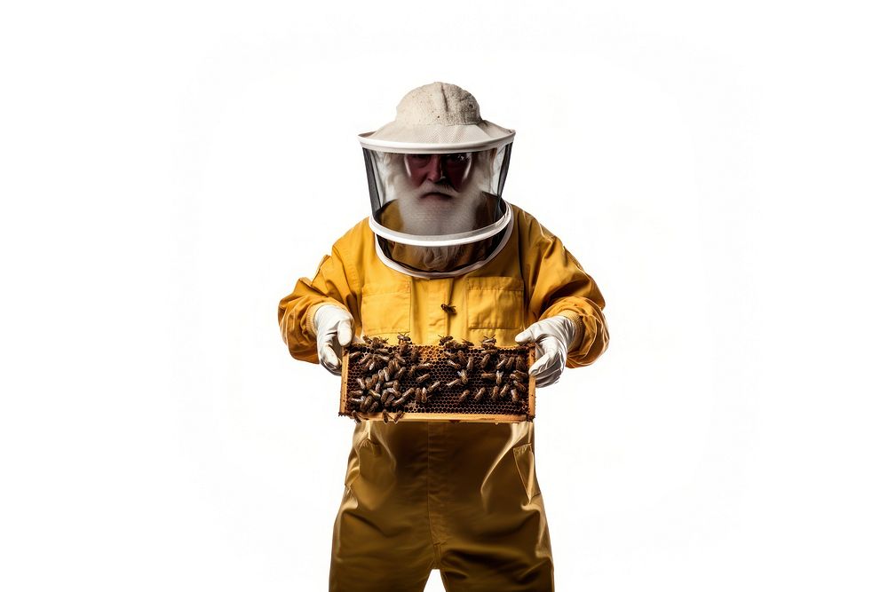 Beekeeper hold honey comb adult white background firefighter.