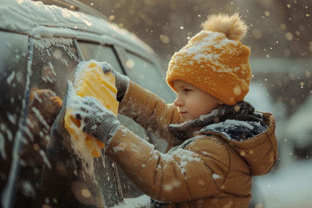 A child uses a yellow sponge to wash a large 4x4 car outdoors snow snowflake.