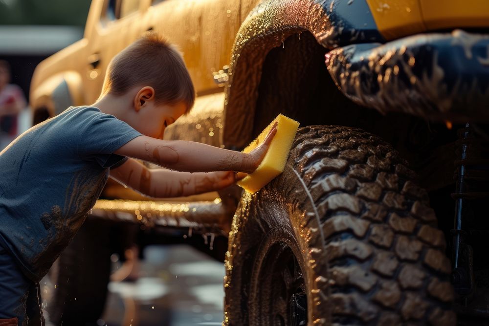 A child uses a yellow sponge to wash a large 4x4 car vehicle wheel tire.