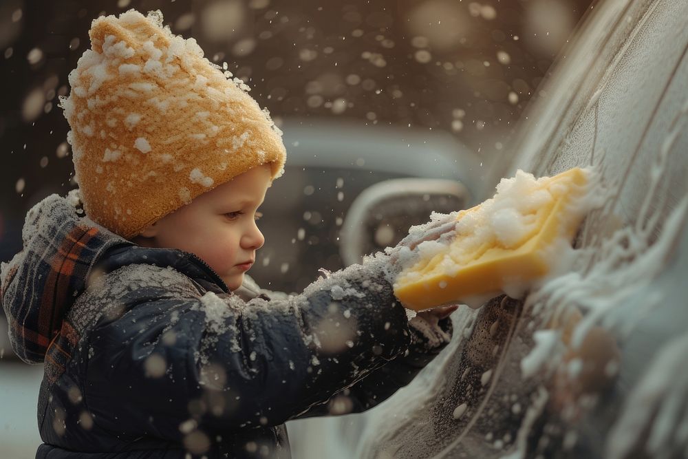A child uses a yellow sponge to wash a large 4x4 car outdoors snow innocence.