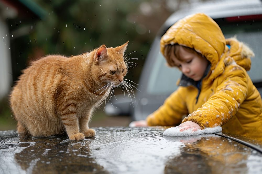 A child washes a car with a sponge pet animal mammal.