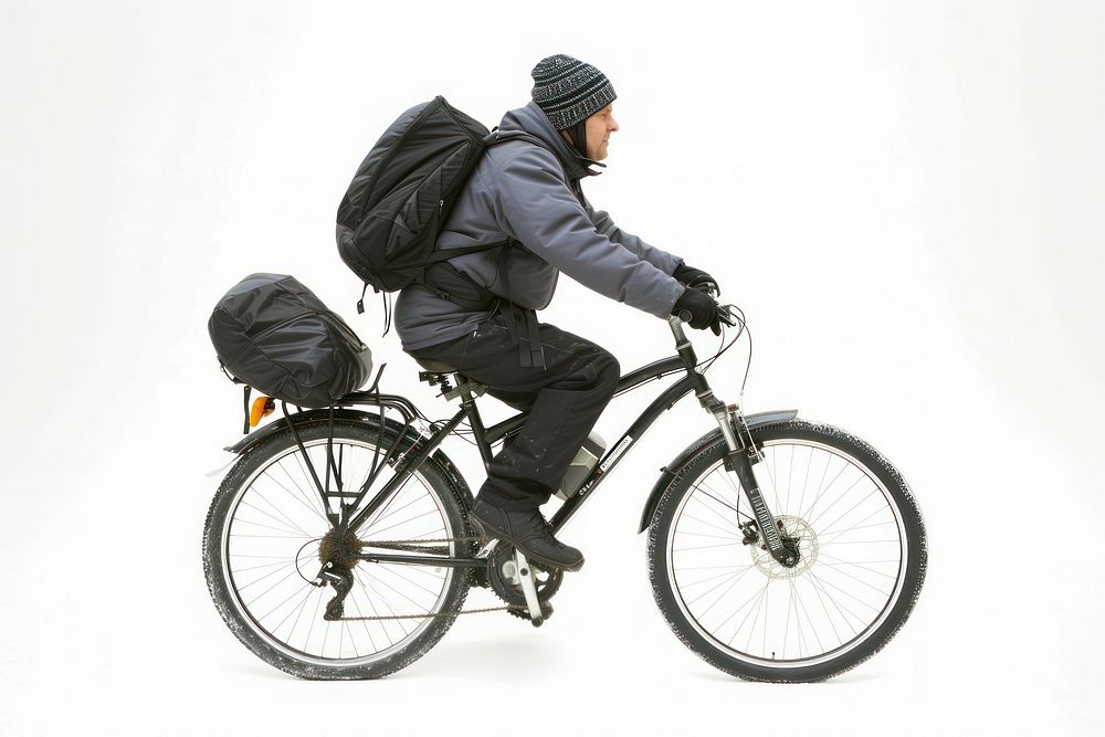 Man bike riding backpack bicycle vehicle.