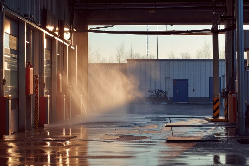 Carwash with high pressure cleaner car transportation architecture.