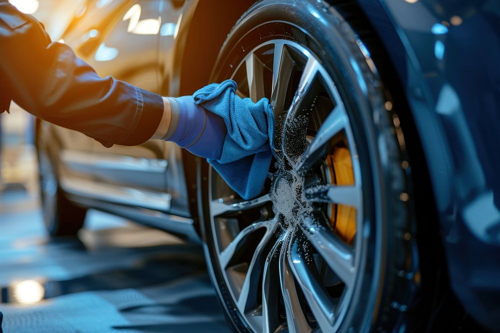 Car service worker polishing car wheels with microfiber cloth vehicle spoke tire.