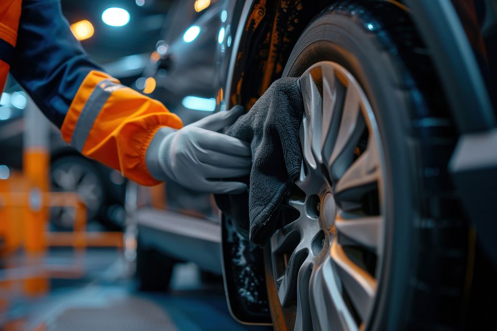 Car service worker polishing car wheels with microfiber cloth vehicle tire transportation.