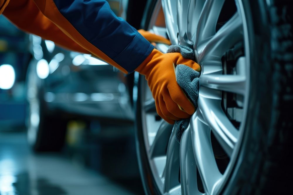 Car service worker polishing car wheels with microfiber cloth vehicle tire transportation.