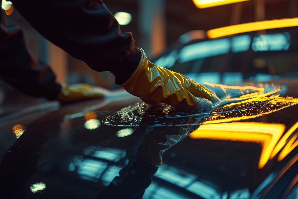 Car polish wax worker hands polishing car vehicle adult transportation.