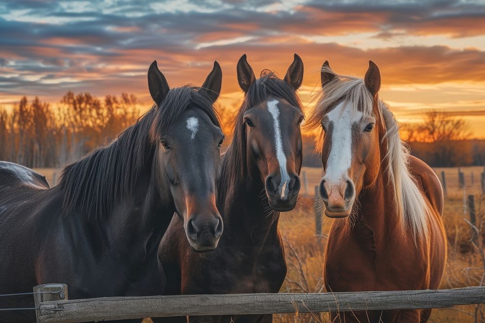 Horses on farm at pastel sunset outdoors mammal animal.