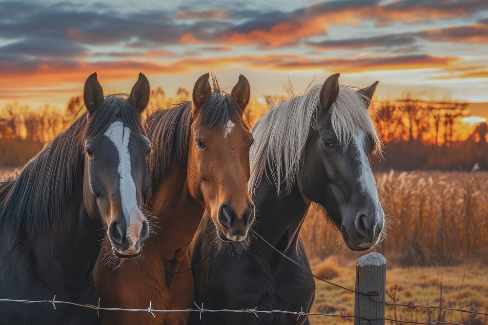 Horses on farm at pastel sunset outdoors mammal animal.