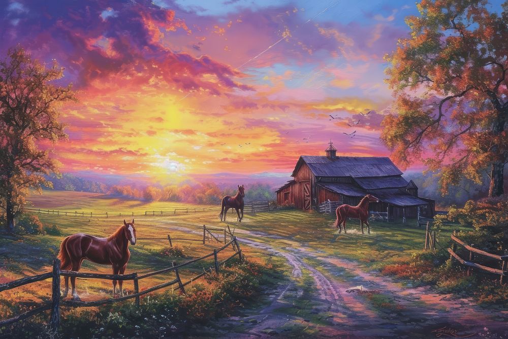 Horses on farm at pastel sunset architecture landscape outdoors.