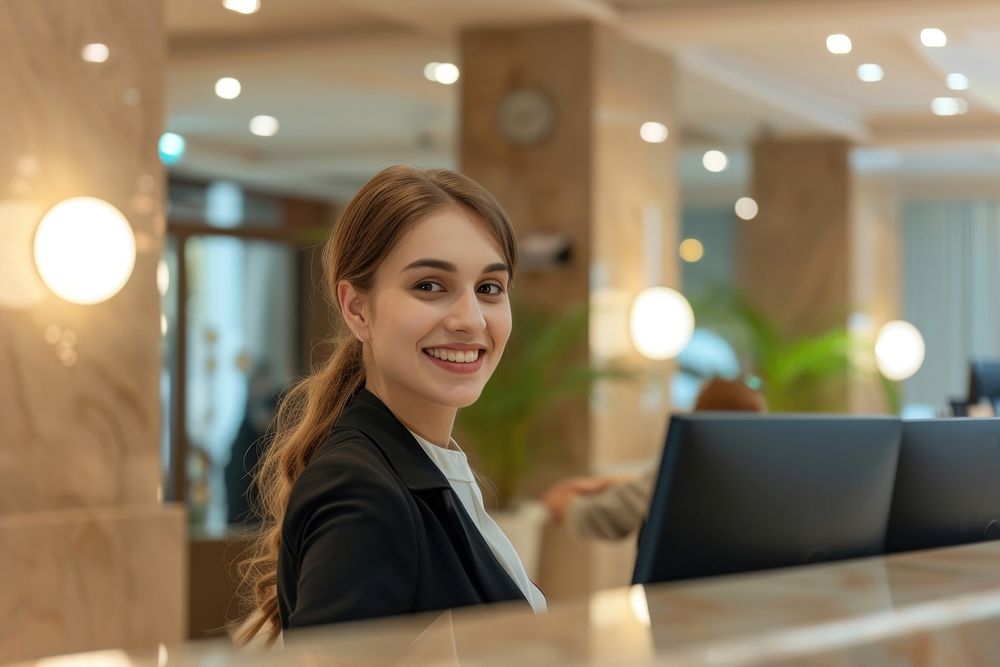 Receptionist and businesswoman at hotel adult happy architecture.