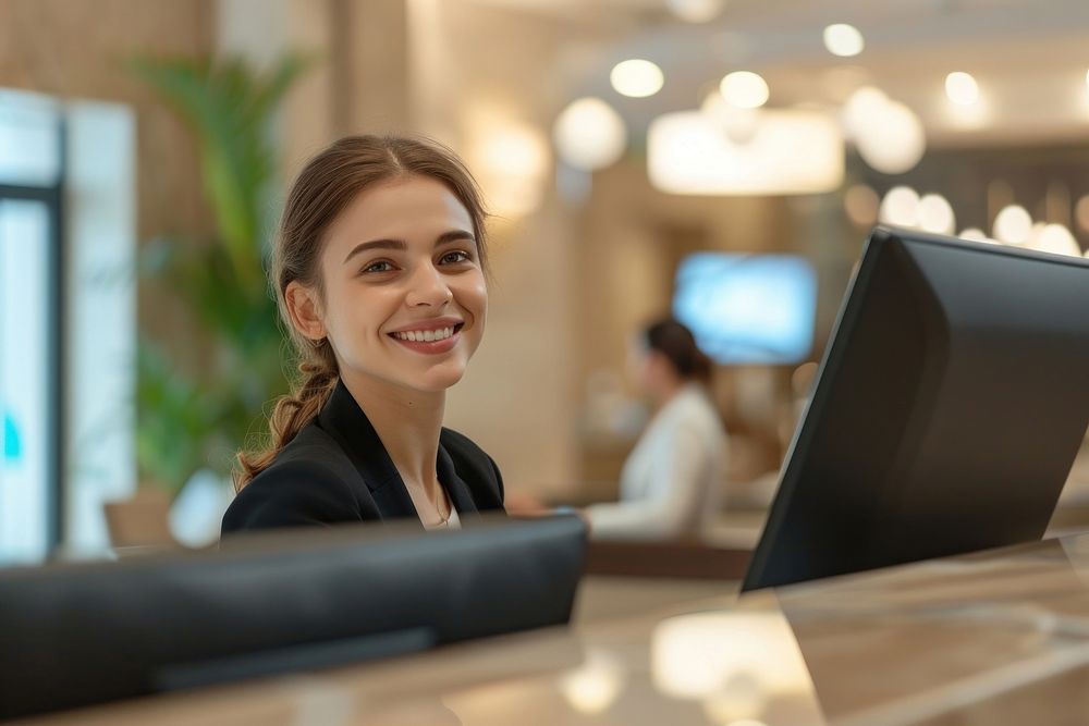 Receptionist and businesswoman at hotel happy entrepreneur portability.