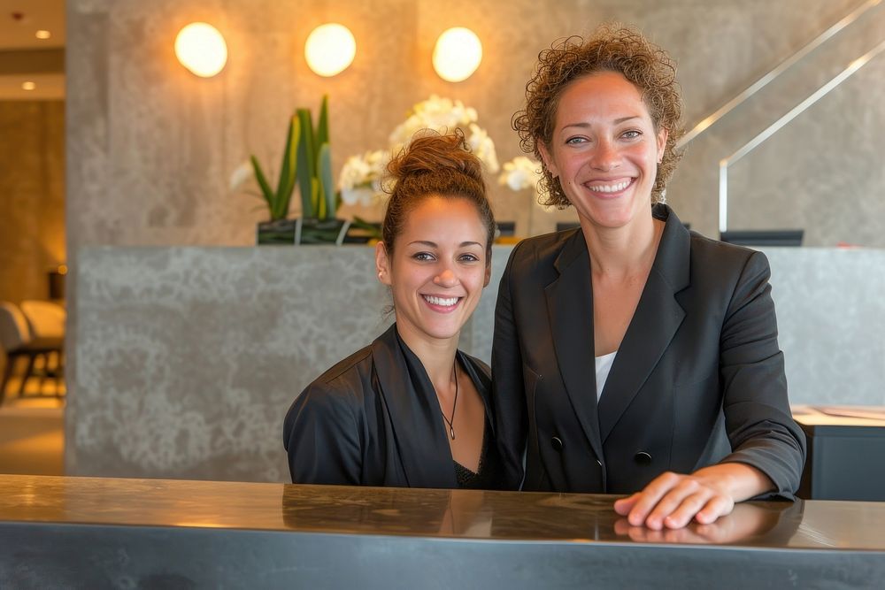 Receptionist and businesswoman at hotel adult happy entrepreneur.