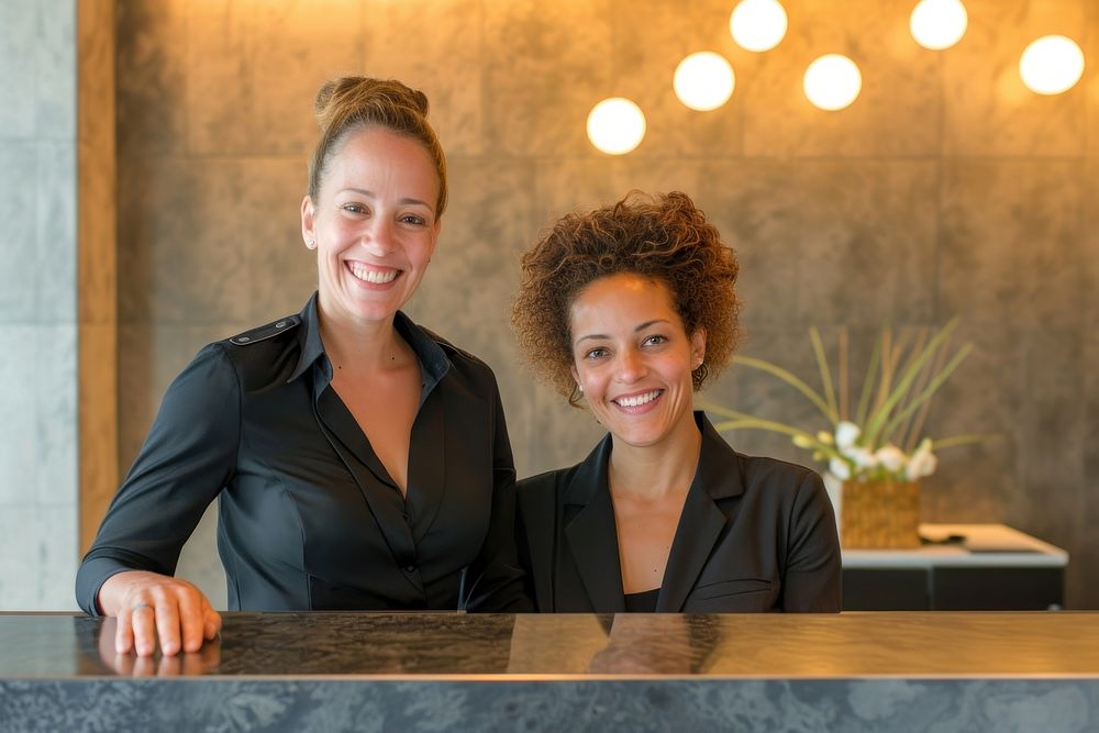 Receptionist and businesswoman at hotel adult smile happy.